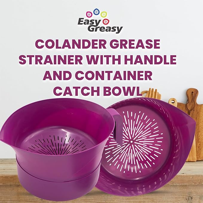 3-Piece Colander Grease Strainer Set – Purple Grease Separator with Handle, Container & Lid – Strains Bacon, Pasta, Ground Beef – BPA-Free Kitchen Gadget