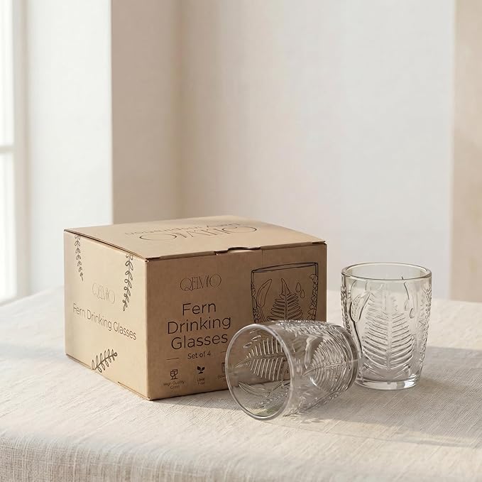 Vintage Drinking Glasses Set of 4, 10 oz Hand-Pressed Clear Glass Cups, Fern Embossed Retro Glassware, Textured Tumblers for Water, Cocktails & Juice, Decorative Kitchen Drinkware, Unique Boho Gift