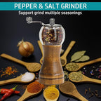 Pepper Mills, Classical Roast Black Manual Pepper Grinder Set，Hand Shake Salt Mill，Retro Style Wood， Acrylic，Ceramic Blades，Metal Handle, Enjoy Fresh Pepper (Walnut color 1pcs-6in)