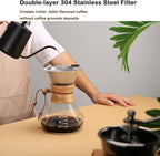 Lalord Pour Over Coffee Maker with Reusable Stainless Steel Filter, 27 oz Borosilicate Glass Coffee Carafe, Wooden Collar, Coffee Maker Carafe, Hold 4-6 Cups, 800 ml, Clear