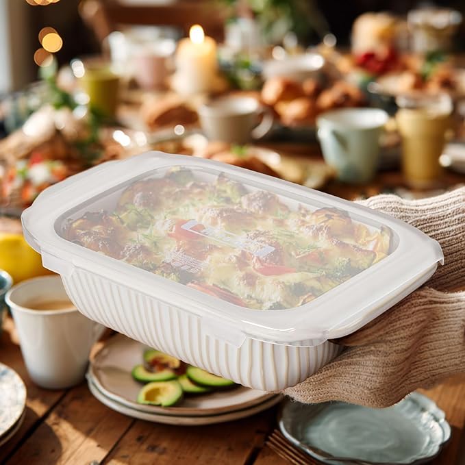 Artena Baking Dish 2.3 Quarts, Casserole Dishes For Oven, Baking Pan With Handles, Lasagna Pan Deep, Large Casserole Dish, Rectangular Ceramic Bakeware, White (Baking Dish With Lids)