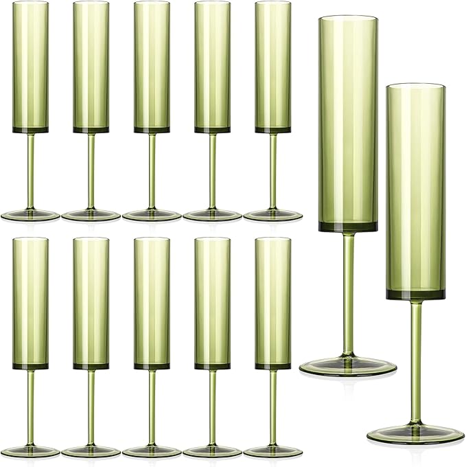 12 PCS Green Champagne Flutes Plastic 5.4OZ Clear Acrylic Champagne Glasses Long Stem Champagne Flutes Sparkling Wine Glasses Sage Green Champagne Glasses FOR Wedding Cocktail Cups Cava Prosecco
