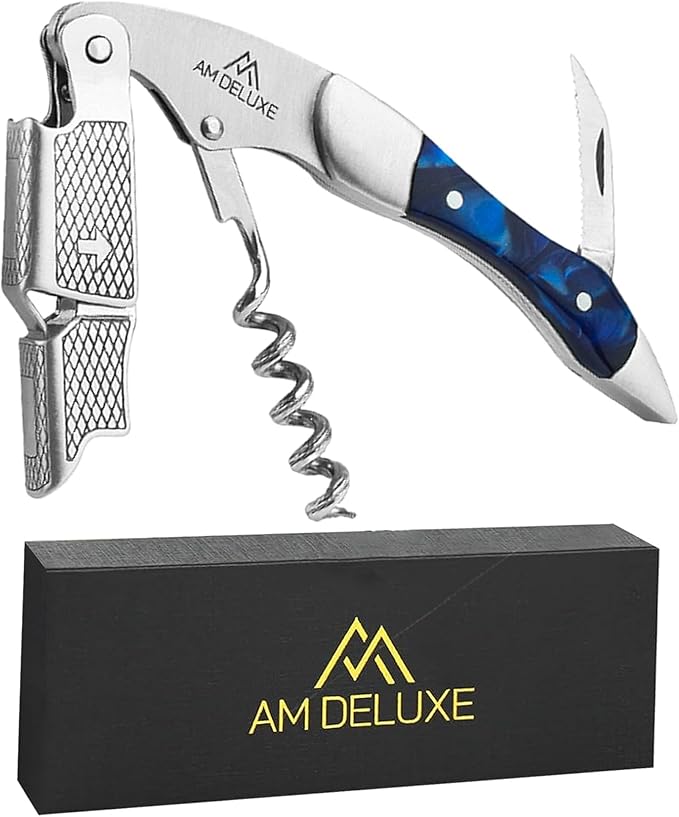 Waiters Corkscrew Wine Opener - Double-Hinged Fulcrum 3-In-1 Cork Screw Wine Bottle Opener Heavy Duty Stainless Steel & Sapphire Resin. Serrated Foil Cutter. Beer Opener. Magnetic Gift Box
