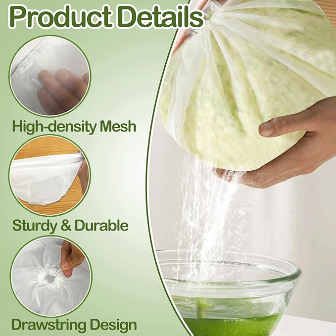5 Pack Reusable Fine Mesh Cheesecloth Bags for Straining, 20‘’x7‘’ Bowl-Shaped Food Filter Bag, Great for Nut Milk, Juice, Soy Milk, Nylon Juicer Bags(L)