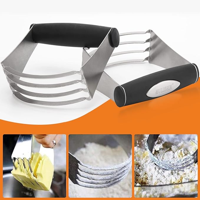HULISEN Stainless Steel Biscuit Cutter Set, Silicone Mat, Pastry Scraper and Dough Blender, Sturdy & Long-Lasting with Ergonomic Rubber Grip, Professional Baking Dough Tools, Gift Package (4 Pcs/Set)
