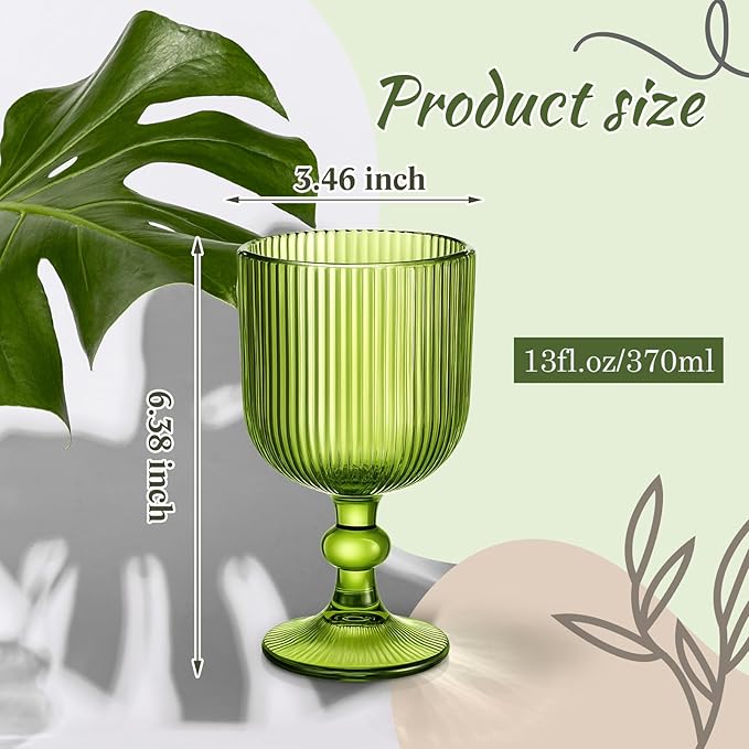 Reallnaive Green Glass Goblets Set of 8, 13 oz Vintage Goblet Glassware Decorative Wine Glasses, Cute Water Drinking Cups, Vertical Line Embossed Pattern Drinkware Cocktail Set for Xmas Gifts