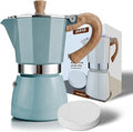 AGOGO Milano Moka Pot Stovetop Espresso Maker with 100 Paper Filters for Sediment-Free Coffee, Classic Italian Greca with Wood-Grain Handle,Cleaning Brush & Towel 6 Cup (10oz / 300ml) Lake Blue