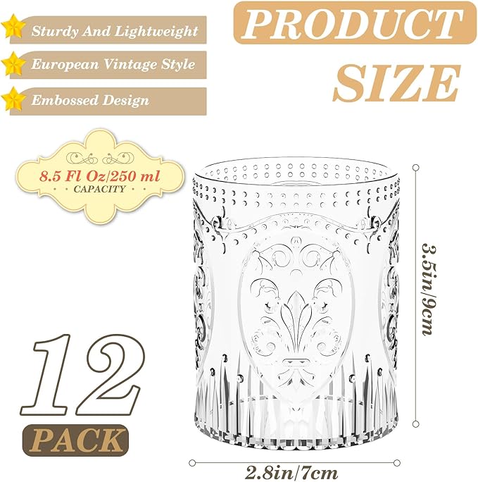 Qinyoung 12 Plastic Vintage Drinking Glasses 8.5oz Stemless Retro Embossed Wine Glasses Shatterproof Reusable Cups for Baby Shower Wedding Reception Grand Event Party (Clear)