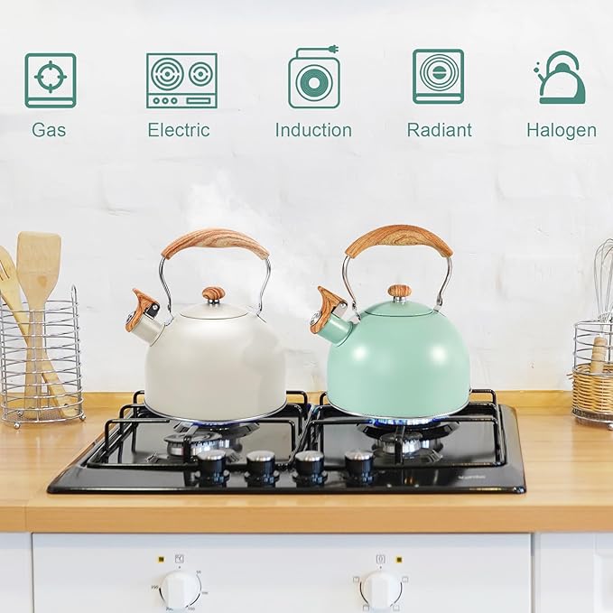 GGC Tea Kettle for Stove Top, 85OZ/2.6QT Whistling Tea Kettles for Boiling Water Milik or Coffee, Green Stainless Steel Tea Pots with Wood Pattern Folding Handle, Thumb Design Control Kettle Outlet