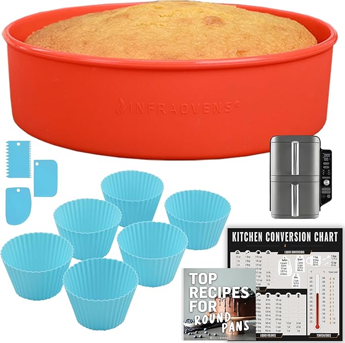 Air Fryer Baking Pan Set For Ninja DoubleStack 2-Basket 10QT SL401 Freezer, Airfryer Bakeware Sets with Cupcake Liners & Kitchen Conversion Chart, Nonstick Round Cake Molds for Baking