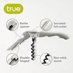True Truetap Double Hinged Waiter's Corkscrew Wine Opener, Stainless Steel Wine Bottle Opener with Built In Foil Cutter, Home Bar Tools, Bar Cart Accessories, Wedding Gifts, Set of 1, Metallic Silver