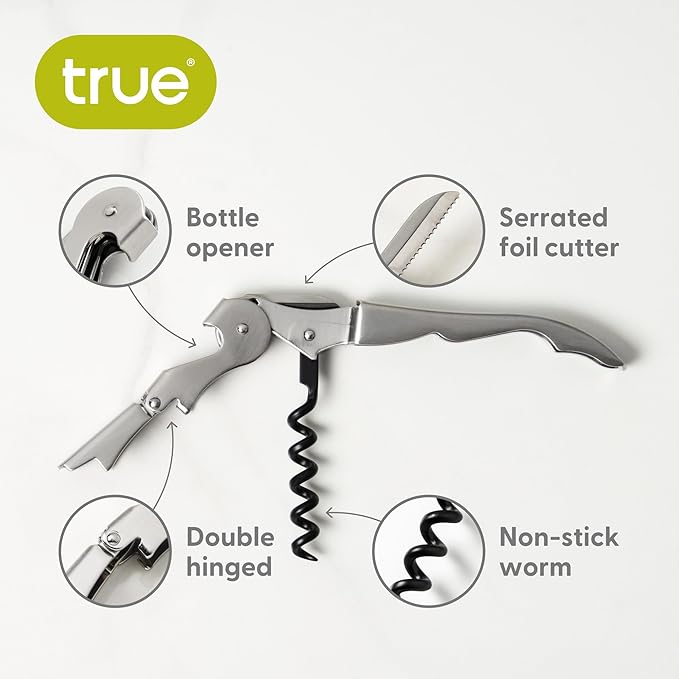 True Truetap Double Hinged Waiter's Corkscrew Wine Opener, Stainless Steel Wine Bottle Opener with Built In Foil Cutter, Home Bar Tools, Bar Cart Accessories, Wedding Gifts, Set of 1, Metallic Silver