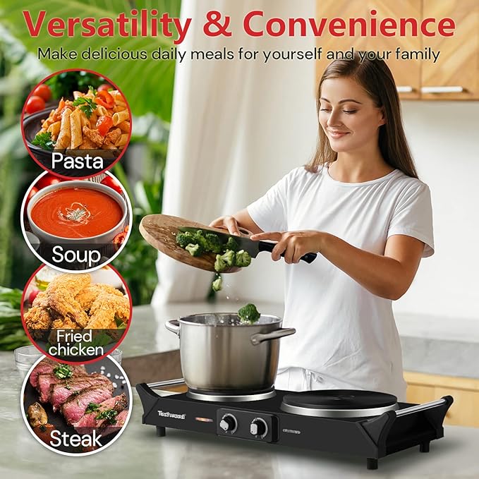 Techwood ES-3203 Hot Plate Electric Double Burner 1800W for Cooking with Adjustable Temperature & Stay Cool Handles, Black Stainless Steel, Compatible for All Cookwares
