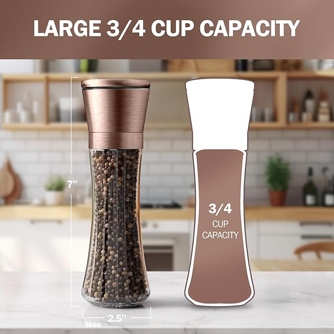 HOME EC Original Stainless Steel Salt or Pepper Grinder 1pk - Adjustable Ceramic Sea Salt Grinder or Pepper Mill - Tall Glass Spice Shaker - Spice Mill w/Ebook (Copper)