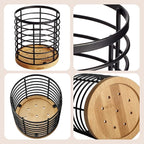Utensil holder for Kitchen Counter - 5.2" x 5.2" x 6" Large Round with Wooden Base Matte Black Cooking Utensil Holder Utensil Organizer (Metal+Bamboo)