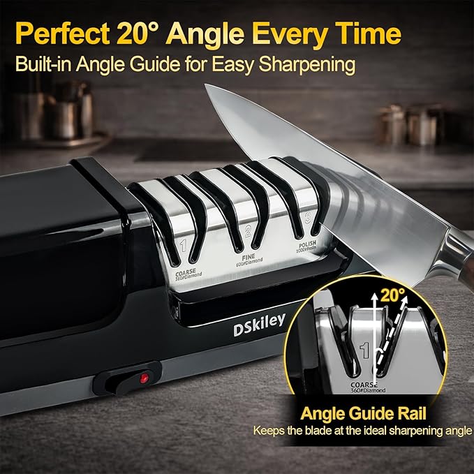 Electric Knife Sharpener for Kitchen – Professional 3-Stage 100% Diamond System with 20° Precision Angle, Fast Sharpening to Restore & Polish Chef Knives (Silver)