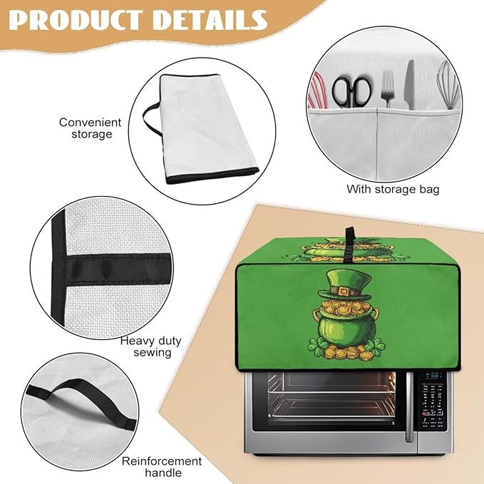Clover Top Hat Gold Lucky Coin Print Toaster Oven Cover for St. Patrick's Day Decor, Microwave Cover for Kitchen Countertop Appliance Dust Protector Decorative Oven Accessories, Green, L
