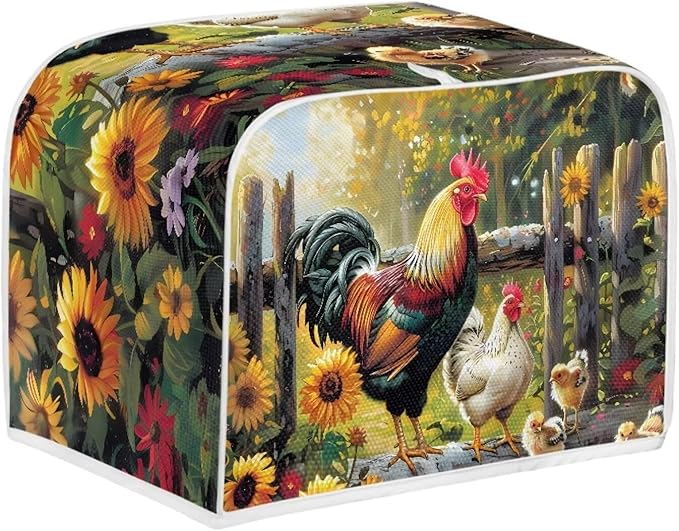 JEOCODY Sunflower Rooster Toaster Oven Covers for Kitchen Polyester Fabric Quilted Toaster Appliance Dust-proof Cover for Small Appliance Dust Cover and Fingerprint Protection Stain Resistant Bag
