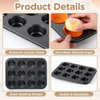 2 Set 12-cup Non Stick Carbon Steel Muffin Pan for Baking with 24 Reusable Silicone Liners, Non Toxic Cupcake Pan Muffin Tin for Easter Wedding Brownies Egg Bite, Easy to Pop(Orange)