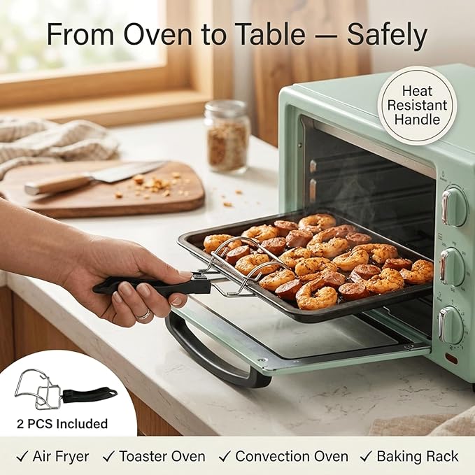 2 Pcs Air Fryer Convection Toaster Oven Tray Extractor, Oven Rack Pull Tool, Grills Extractor Clip with Ergonomic Handle, Heat Resistant Oven Tray Handle for Quickly Removing Trays and Grills