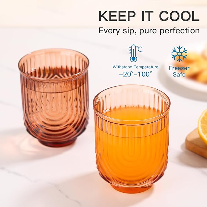 JOVGANK Amber Vintage Drinking Glasses Set of 6-14Oz Brown Glass Drinking Glasses, Art Deco Ripple Highball Glass, Whiskey Cocktail Glasses for Bar Coffee Juice, Housewarming and Mother's Day Gift