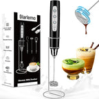 Colarlemo Milk Frother Handheld Rechargeable with Stand, Frother Wand Drink Mixer Electric Whisk for Coffee, Detachable With 3 Stainless Whisks, Hand Mixer for Lattes, Cappuccino, Matcha, Egg, Black