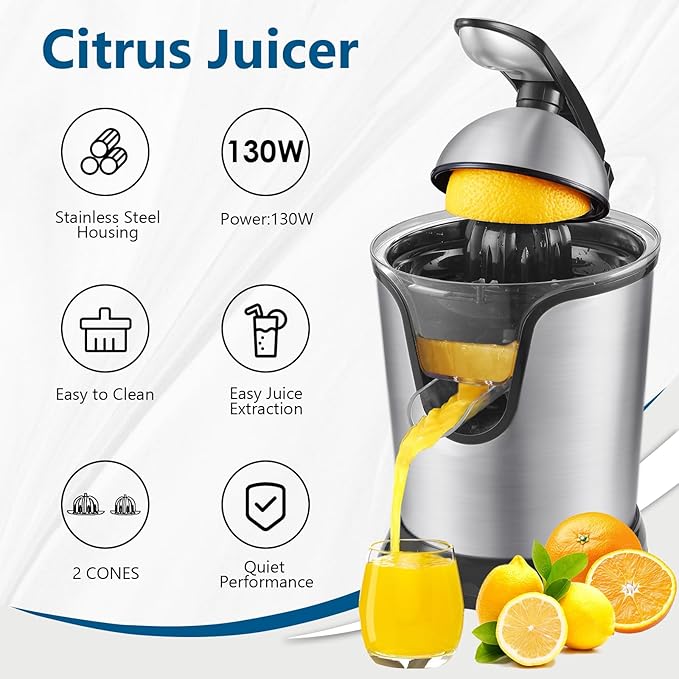 JUSANTE Citrus Juicer, Orange Juicer Machine, Stainless Steel Hands Free Lime Grapefruit Squeezer, Electric Citrus Juicer for Juice, Fruits, Lemons