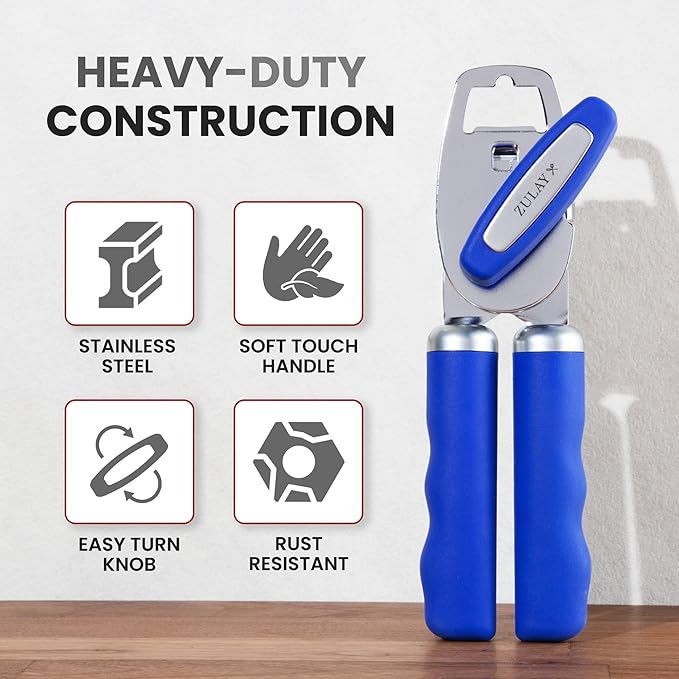 Zulay Kitchen Heavy Duty Stainless Steel Can Opener Manual with Bottle Opener - Rust Proof Manual Can Opener With Turn Knob & Comfy Soft Grip Handles - Royal Blue