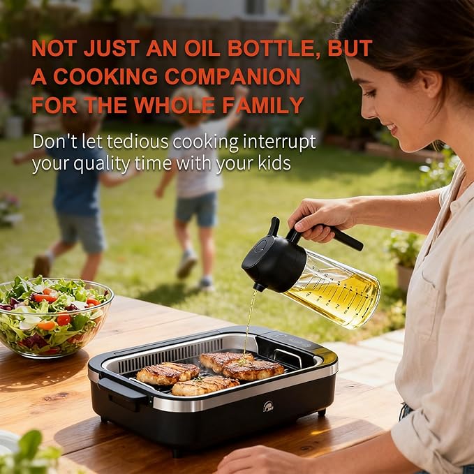 X&E 16oz/470ml Glass Olive Oil Sprayer for Cooking, 2 in 1 Olive Oil Dispenser Bottle, Food Grade Oil Mister for Kitchen Gadgets, Air Fryer Accessories, Salad & BBQ – Black