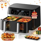 12QT Large Double Basket Air Fryer with 50PCS Paper Liners and Viewing Window, 12-in-1 Digital Touchscreen Dual Zone Air Fryers for Easy Meal, SyncCook to Roast,Reheat,Broil, Dishwasher Safe