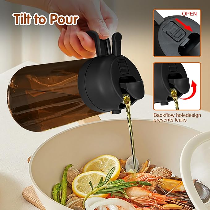 YARRAMATE 2PCS 16oz/470ml Oil Sprayer for Cooking with Stickers, Food-Grade 2 in 1 Olive Oil Dispenser Bottle for Kitchen, Premium Dark AmberGlass Oil Bottle for Air Fryer, BBQ (Black & Green)