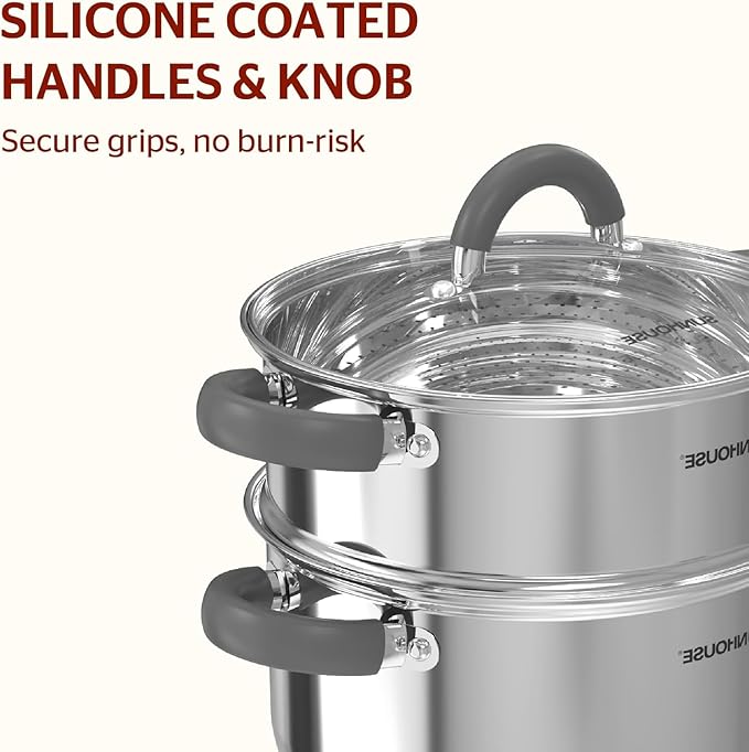 SUNHOUSE 3 Quarts Steamer Pots With Lid, 2-Tier Multipurpose Stainless Steel Steaming Pot Cookware With Stay-Cool Handles, Tri-ply Bottom, Compatible with All Cooktops