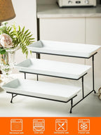YHOSSEUN 3 Tier Serving Stand Tiered Tray Stand with 3 Porcelain Serving Platters Trays for Dessert Server Display Collapsible Sturdier Metal Rack 14 inch