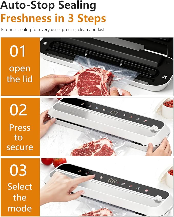 Vacuum Sealer, 8-in-1 Vacuum Sealer For Food, 100W, Digital Timer, Moist&Dry Mode and External VAC for Containers, Built-in Cutter & 10 Vacuum Bags （White）