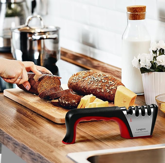 Longzon 5-in-1 Knife Sharpener 4 Stage with Cut-Resistant Glove, Quickly Sharpens & Restores Dull Blades, Easy & Safe for Home Kitchen Use, Fits Most Knives and Scissors, Black+Red
