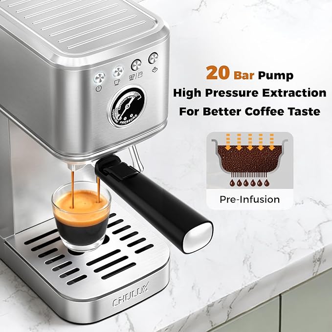 CHULUX Elite Espresso Machine 20 Bar, Compact Stainless Steel Hot and Ice Espresso Coffee Maker with Steam Wand for Americano, Latte, Cappuccino & Home Barista Brewing, Sliver