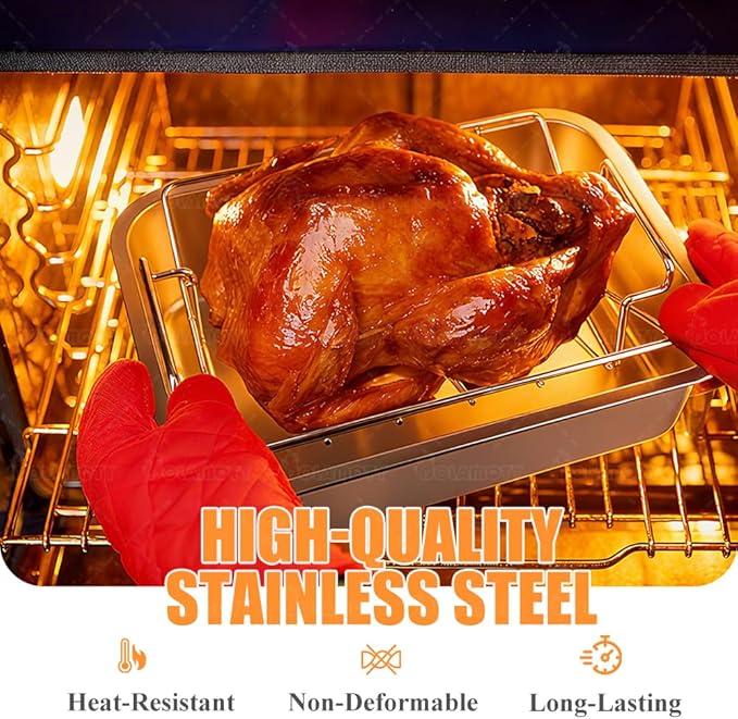 Turkey Roaster Roasting V Rack,15.6*11.6*4 inch Stainless Steel Roasting Pan with 2 Rack(Flat Rack and Rib Rack) for Smoker Smoking/Dual Purpose for Large Big Green Egg and Kamado Joe Etc