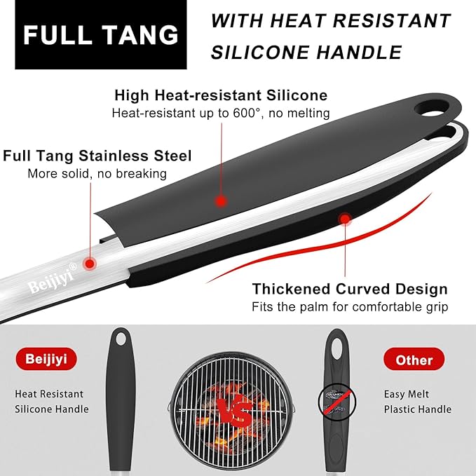 Beijiyi 2-Piece Heavy Duty BBQ Grill Tools Set, Professional Stainless Steel Grilling Spatula & Fork with Full Tang Silicone Handle, Outdoor Grill Accessories for Barbecue Cooking