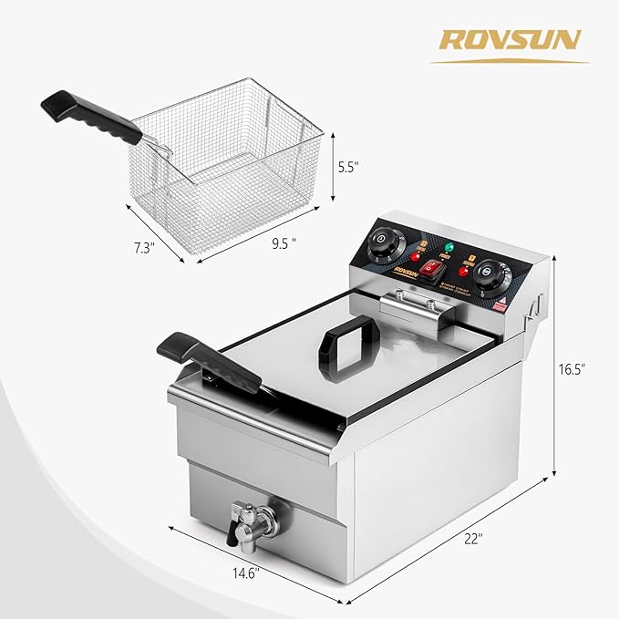 ROVSUN 12.5QT Electric Deep Fryer, 1700W Commercial Deep Fryer with Basket, Drain, 60-Min Timer, Overheat Protection, Temp Control & Baskets, Stainless Steel Countertop Fryer for Restaurant