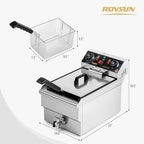 ROVSUN 12.5QT Electric Deep Fryer, 1700W Commercial Deep Fryer with Basket, Drain, 60-Min Timer, Overheat Protection, Temp Control & Baskets, Stainless Steel Countertop Fryer for Restaurant