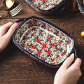 Ceramic Baking Casserole Dish with Handles,Elegant Floral Design Rectangular Lasagna Pan Bakeware for Baking Cooking, Roasting, Broiling, Gratin