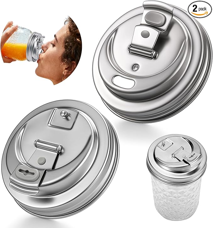 Palksky Mason Jar Drinking Lids,Stainless Steel Wide Mouth Mason Jar Sip Lid accessories,Anticracking Leak Proof Seal Flip Cap Cover Airtight Accessories for Drink,2Pack