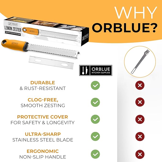 Orblue Lemon Zester & Cheese Grater - Premium Citrus Zester, Kitchen Grater for Parmesan, Chocolate, Fruits, Vegetables, Ginger, Garlic, Nutmeg - Stainless Steel Blades with Protective Cover, Orange