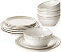 LE TAUCI Plates and Bowls Sets for 4, 12 Piece Ceramic Dinnerware Sets, Kitchen Stoneware Dish Set, Chip Resistant, Microwave & Dishwasher Safe, Reactive Glaze Beige (8"&10" Plate, 27oz Bowl)