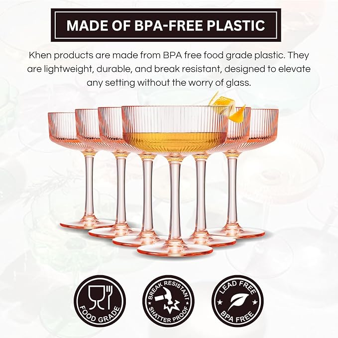 Khen Shatterproof Acrylic Ribbed Vintage Art Deco Martini, Champagne & Cocktail Pink Peach Tint Color Plastic Coupe Glasses | Set of 6 | 8oz Ripple Glassware Cocktail Indoor & Outdoor European Style