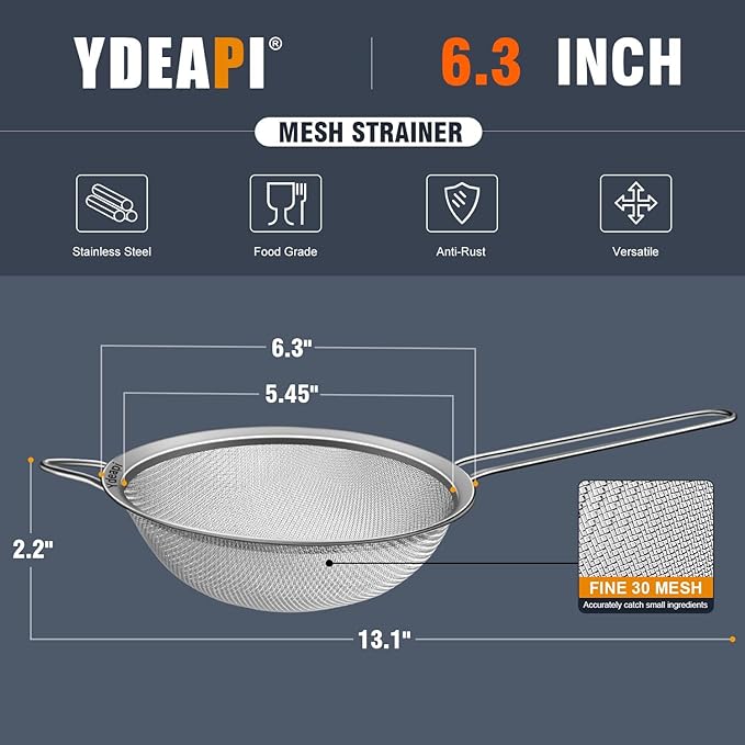 Ydeapi 6.3" Fine Mesh Strainer with Handle, Metal Food Strainers for Kitchen, Sieve Fine Mesh Stainless Steel for Rice, Quinoa, Pasta, Noodles