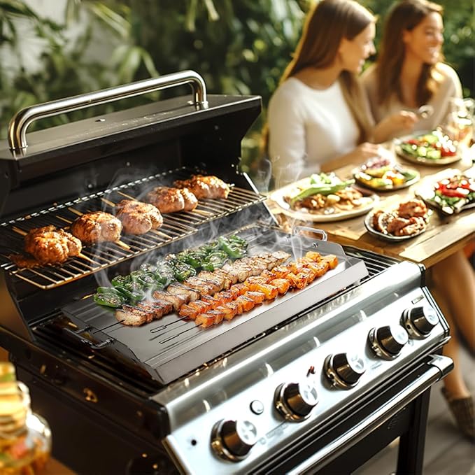 LotFun 17" x 13" Stainless Steel Cooking Griddle for Outdoor Gas Grill, Universal Griddle Flat Top Plate Insert with Grease Groove and Removable Handles for Electric/Charcoal/Gas Grill, Camping,Party