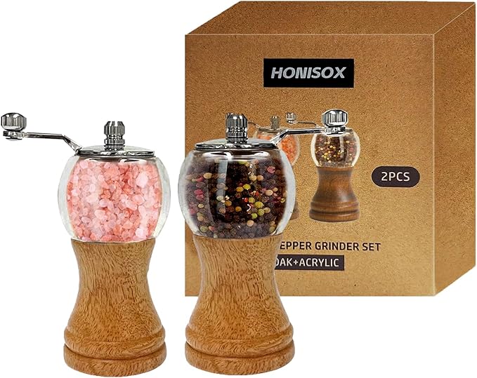Wooden Acrylic Grinder Set, Hand Crank Salt and Pepper Mill with Handle, Ceramic Blade Grinding, Adjustable Coarse, Grinder for Kitchen,Pack of 2, Wood Colour