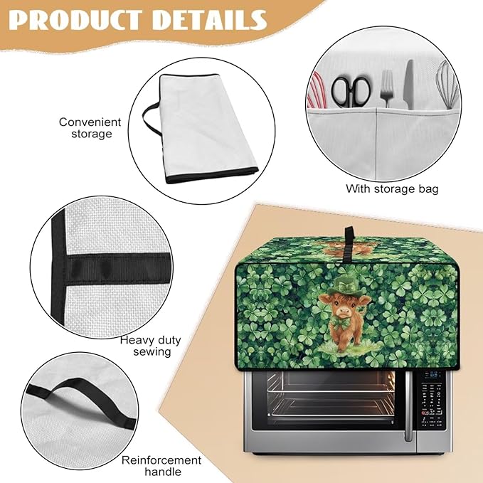 Highland Cow Four Leaf Clover Print Toaster Oven Cover Microwave Cover for Kitchen Countertop Appliance Dust Protector Decorative Oven Accessories for St. Patrick's Day Decor, Green, M