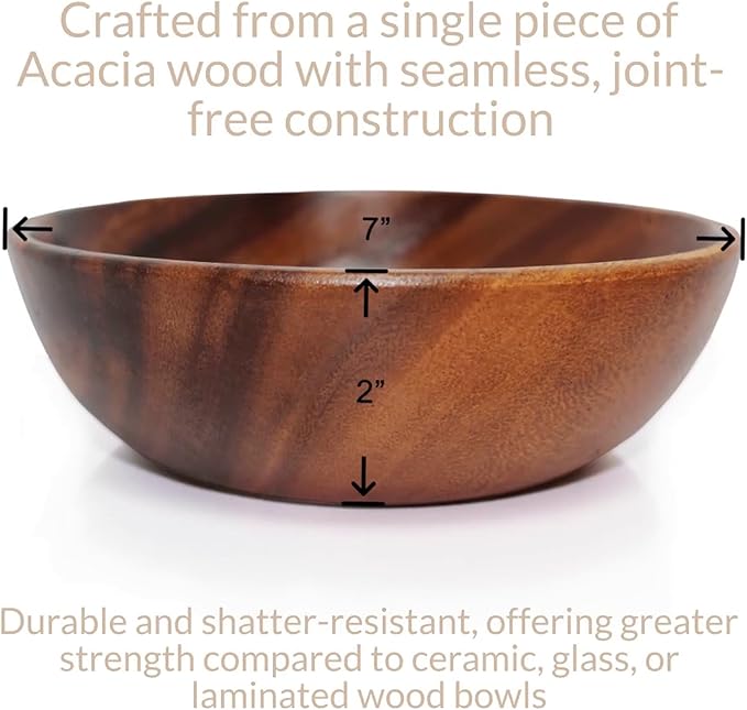 Wooden Salad Bowl Set – Set of 4 Acacia Wood 7” Wood Salad Bowls for Food, Rustic Handcrafted Kitchenware for Snacks, Fruit & Sides, Gift-Ready for Holidays & Housewarming